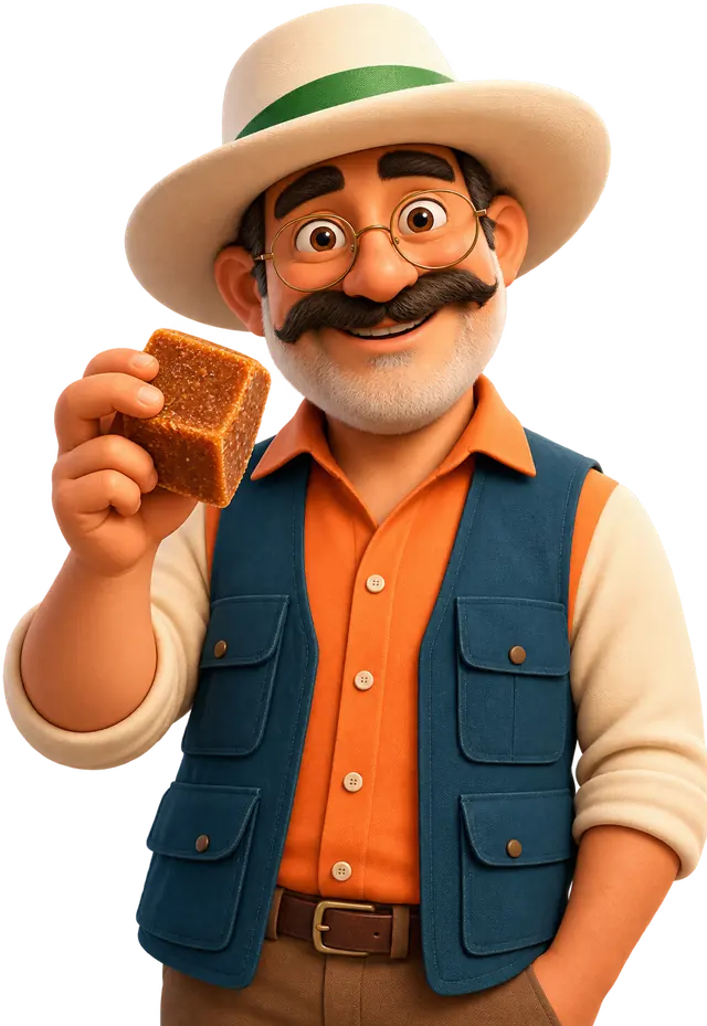 Campesino panelero sonriente mostrando un bloque de panela orgánica