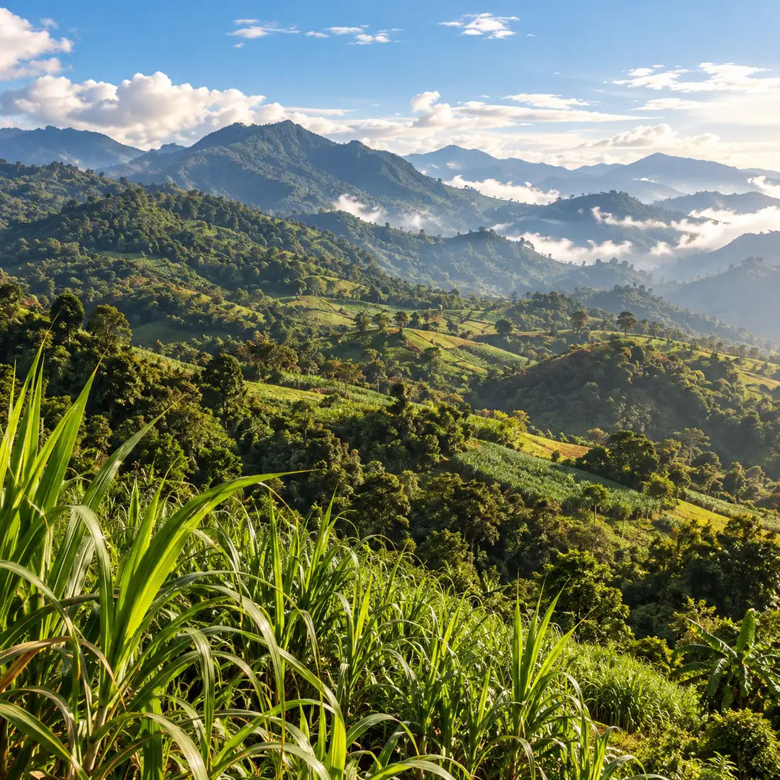 Montañas verdes y cultivos de caña en La Peña, Cundinamarca