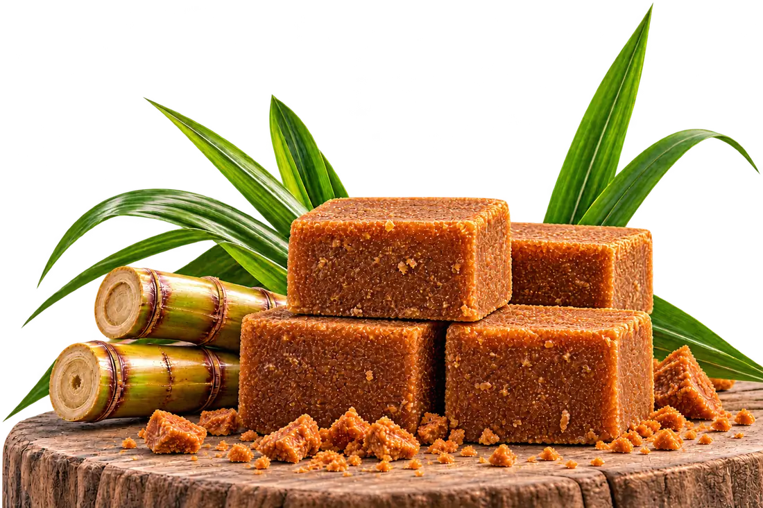 Bloques redondos de panela orgánica con caña de azúcar sobre una tabla de madera